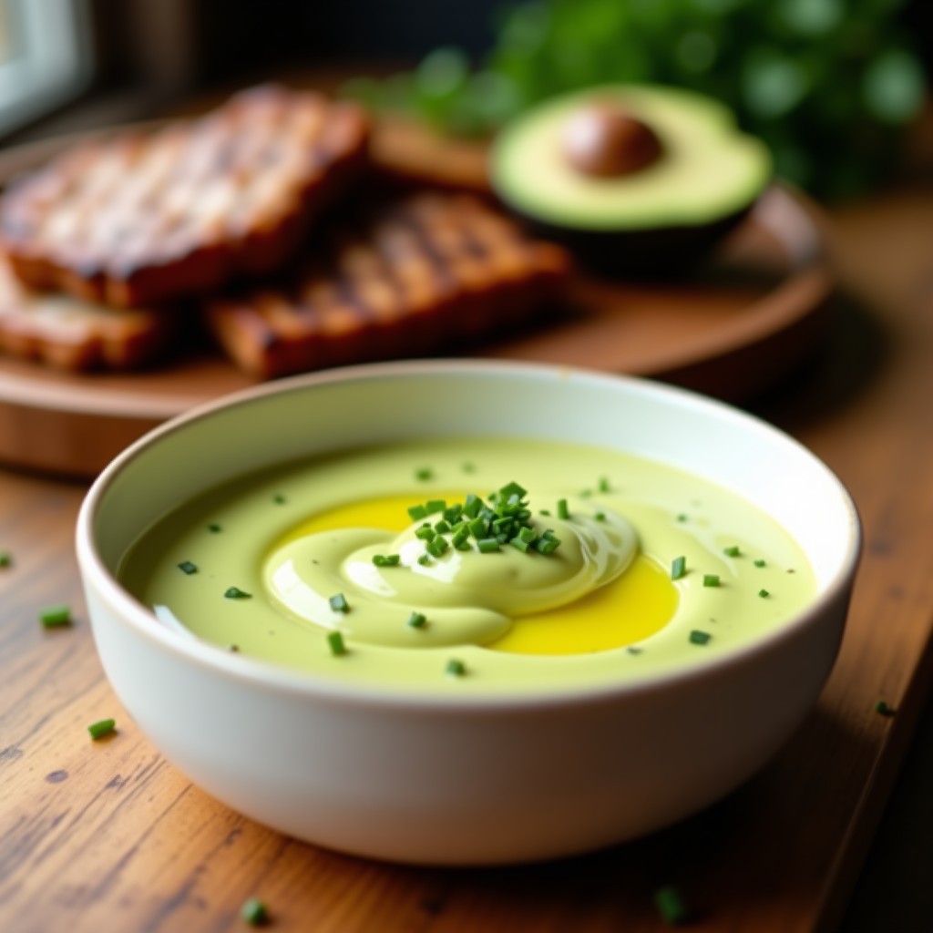 Bol de cerámica blanca con salsa de aguacate y mostaza keto, de color verde cremoso con vetas amarillas, decorada con hojas de eneldo fresco y cebollino picado. Acompañada de rodajas de carne asada y un limón cortado por la mitad al fondo. Estilo rústico y apetitoso.