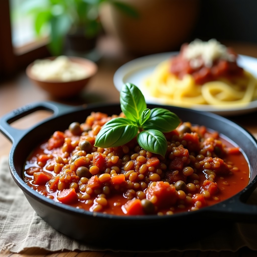 Sartén de hierro con salsa bolonesa vegana espesa, llena de lentejas pardinas y hongos portobello, servida sobre tagliatelle al dente con albahaca fresca.