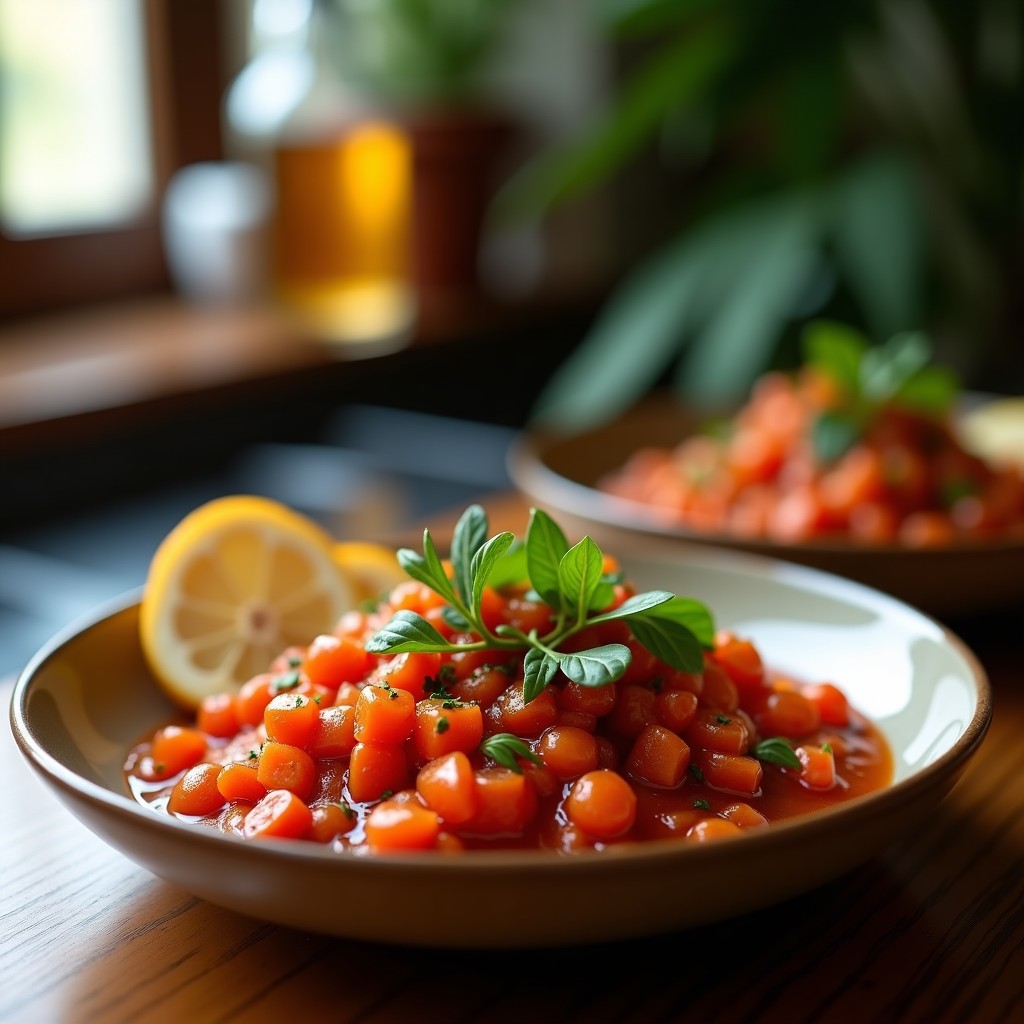 Bol pequeño de cerámica negra con salsa de cacahuete y chile de árbol tailandesa vegana, de color marrón cremoso con trocitos de cilantro verde y semillas de sésamo tostadas. Acompañada de rodajas de lima y un mortero con chiles de árbol secos al fondo.