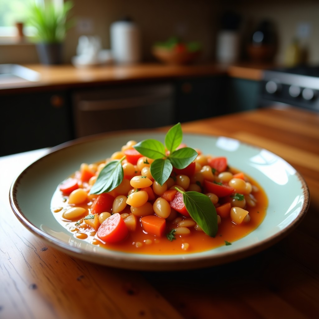 Cuenco de cerámica blanca con salsa de cacahuete y tamarindo de color marrón dorado, coronada con crujiente de cebolla morada dorada y frita. Acompañada de hojas de cilantro fresco y rodajas de lima, sobre un fondo de madera rústica con ingredientes dispersos como cacahuetes y tamarindo.
