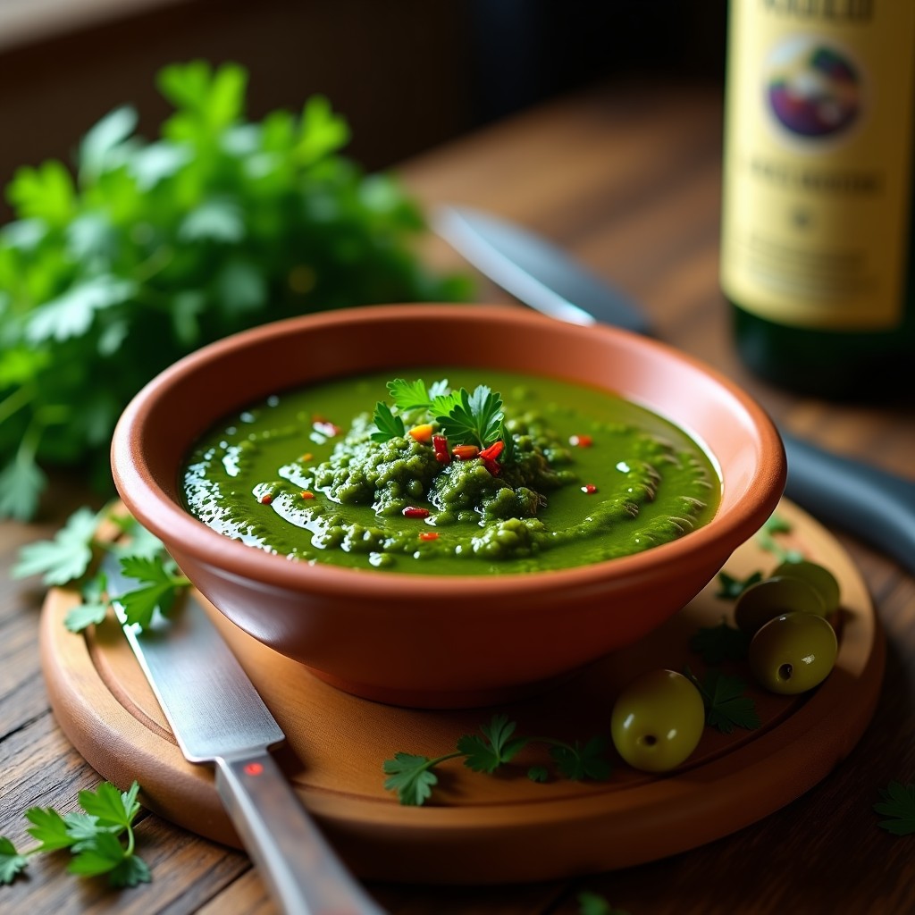 Salsa chimichurri argentina auténtica en bol de barro, con perejil fresco picado, ajo y aceitunas verdes de adorno, sobre fondo rústico de madera.
