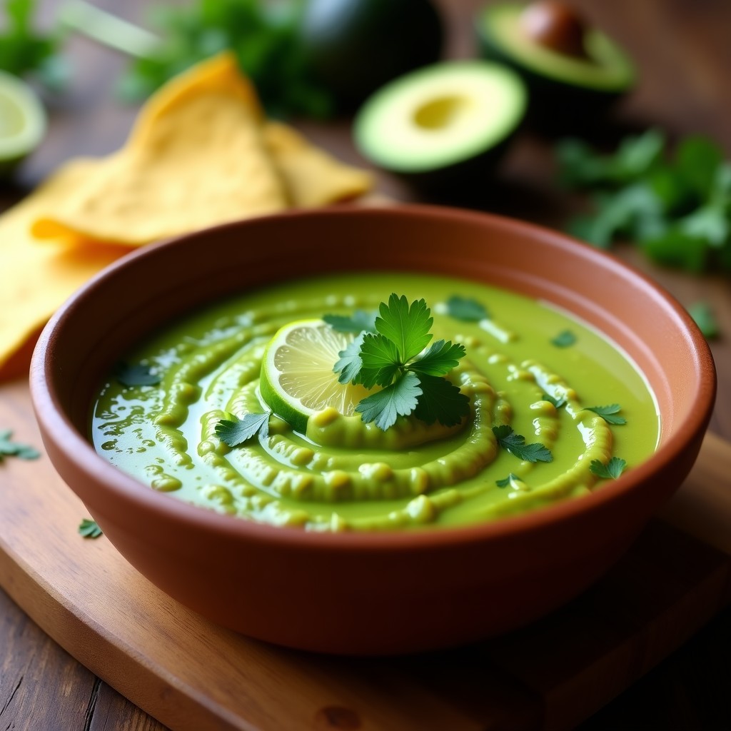 Frasco de vidrio transparente con salsa de cilantro y limón con aguacate, de color verde vibrante y textura cremosa, decorado con hojas de cilantro fresco y rodajas de limón verde sobre una mesa de madera rústica con fondos borrosos de ingredientes mexicanos como aguacate y jalapeño.
