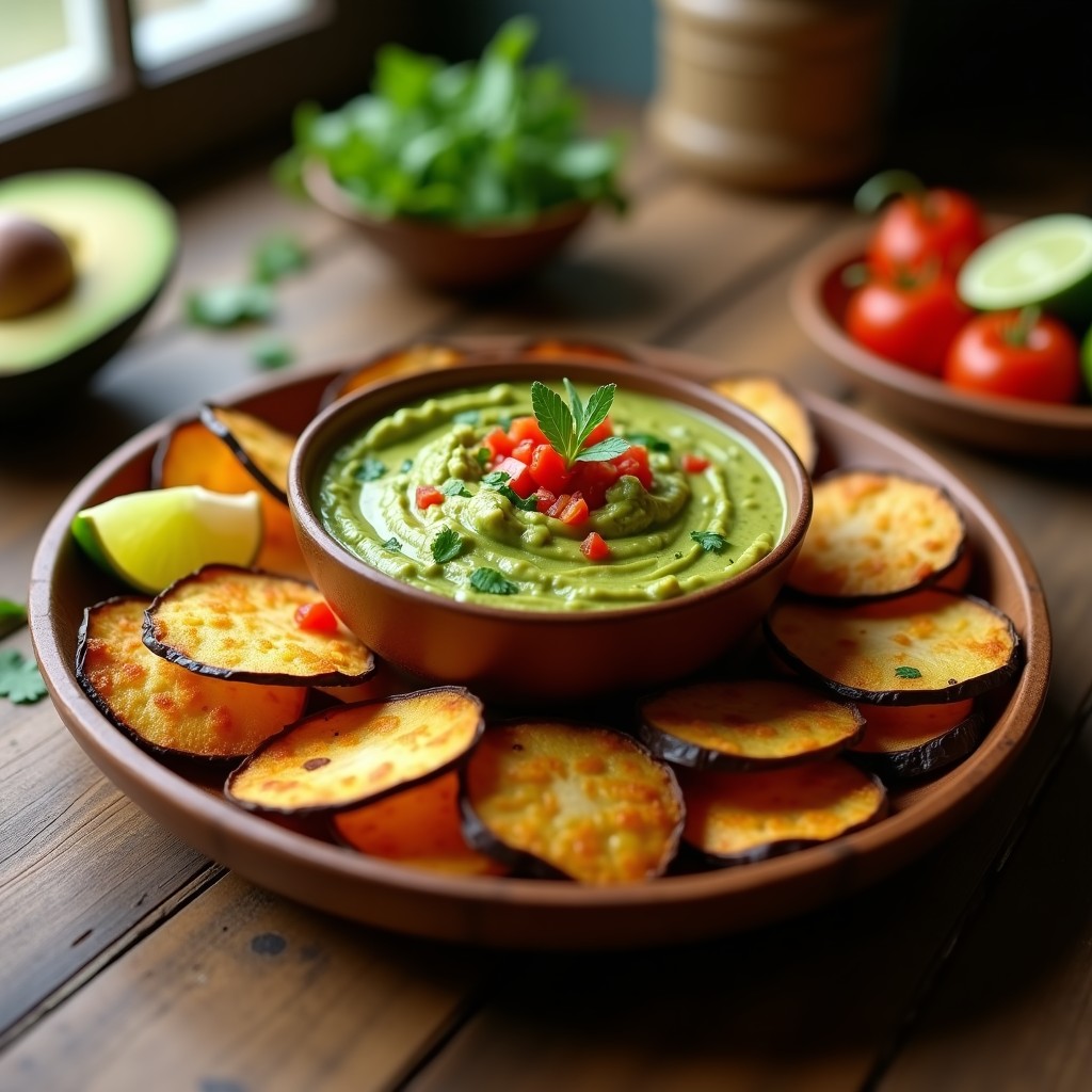 Plato rústico de madera con salsa de guacamole cremosa en el centro, rodeada de chips de berenjena al horno doradas y crujientes. Decorado con hojas de cilantro fresco y rodajas de limón, aperitivo mexicano sin gluten.