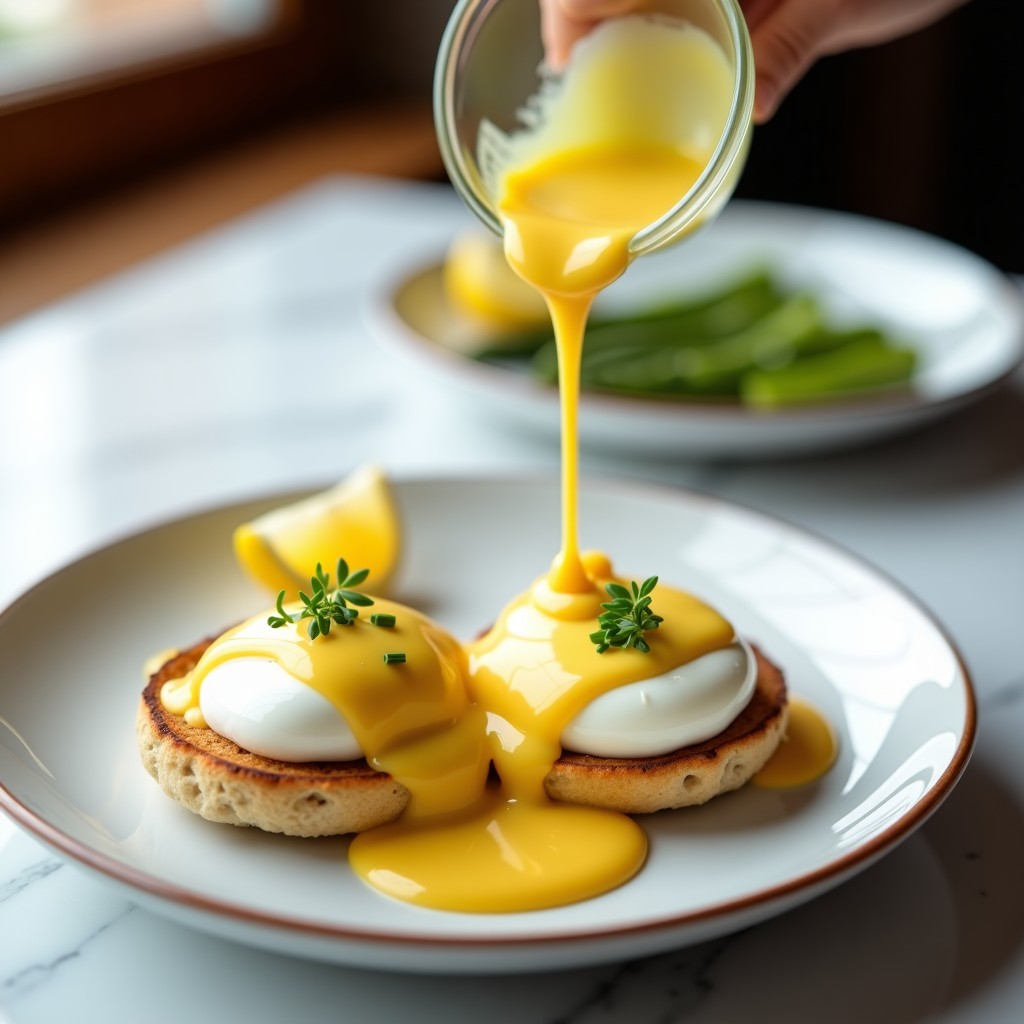 Bol de vidrio con salsa hollandaise casera cremosa y brillante, servida sobre huevos Benedict con espárragos verdes, receta infalible al baño María.