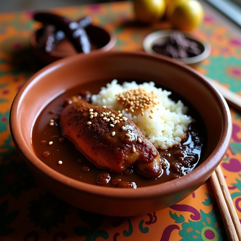 Plato hondo de barro con mole poblano auténtico, salsa oscura y brillante con textura sedosa, servida sobre pechuga de pollo. Acompañada de arroz blanco y decorada con semillas de sésamo. Fondos de especias y chiles tostados.