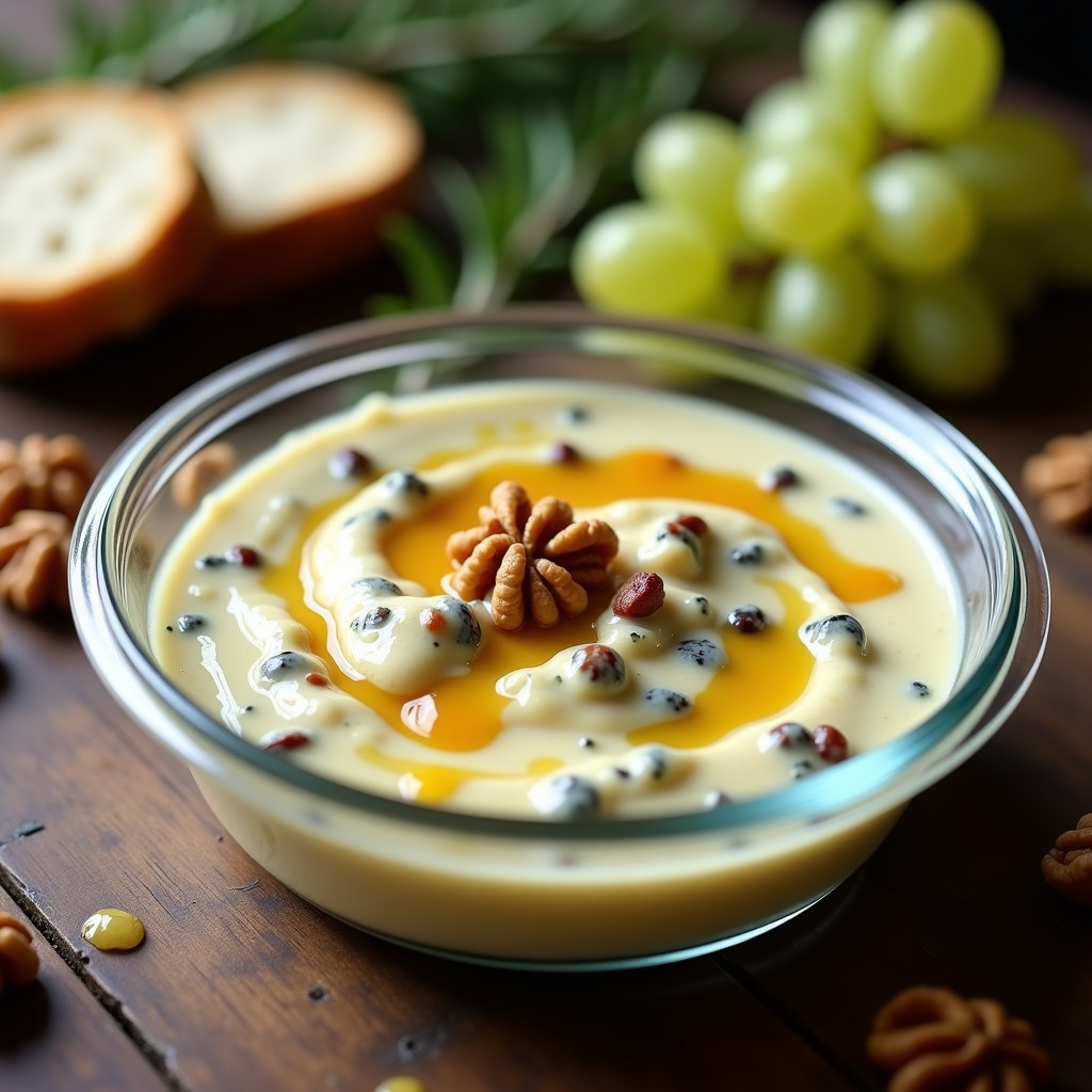 Salsa cremosa de queso azul con vetas doradas de miel y trozos de nueces tostadas en un tupper de cristal, lista para llevar. Textura untuosa con contraste de colores azules, ámbar y marrones.