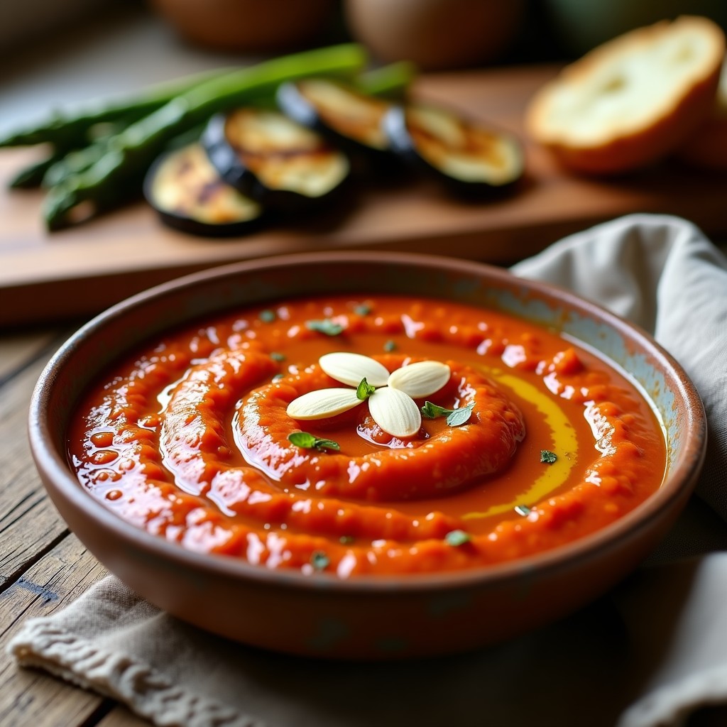 Bowl de barro rústico con salsa romesco catalana espesa, de color rojo anaranjado, decorada con almendras fileteadas y un chorrito de aceite de oliva. Al fondo, pan tostado y verduras asadas para acompañar.