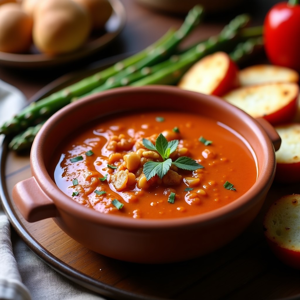 Bowl de barro con salsa romesco auténtica de color rojo oscura, textura cremosa y trocitos de nueces y almendras tostadas. Acompañada de pan crujiente y verduras asadas al fondo.