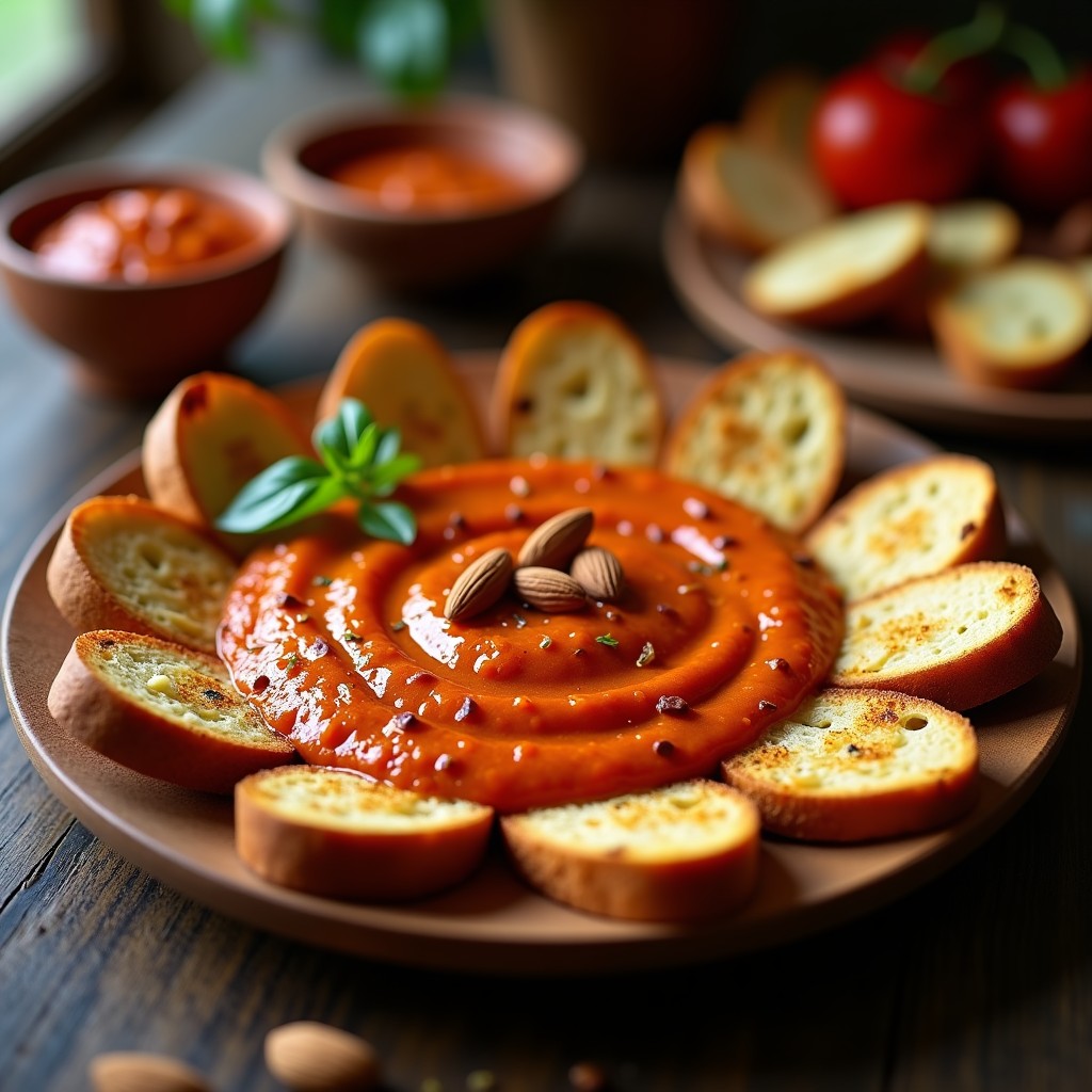 Plato de madera con salsa romesco cremosa y tostadas de pan rústico doradas, decorado con almendras fileteadas y un hilo de aceite de oliva virgen extra.
