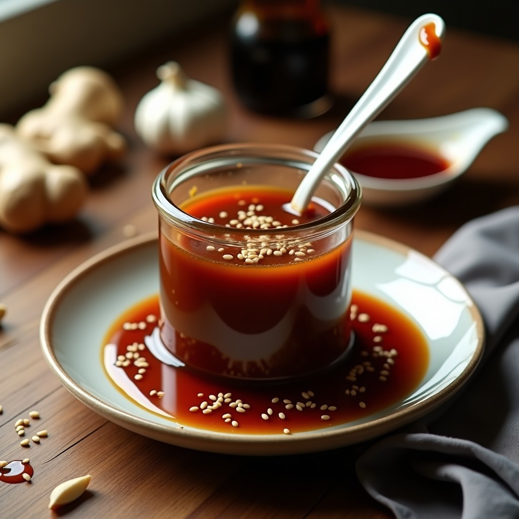 Tarro de vidrio transparente con salsa teriyaki casera sin azúcar de color ámbar oscuro, espesa y brillante, decorada con semillas de sésamo tostadas en la superficie. Fondo con ingredientes como jengibre, ajo y botella de salsa de soja.