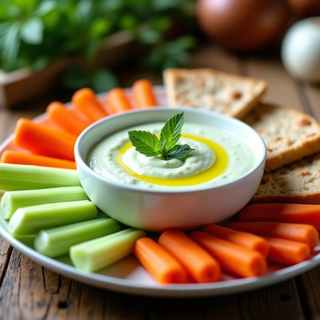 Bol de cerámica blanca con salsa de yogur griego cremosa, trocitos de pepino fresco y hojas de menta verde vibrante. Acompañada de bastones de zanahoria y apio sobre una mesa de madera rústica con luz natural.