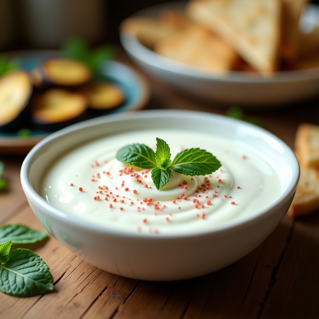 Bol de cerámica blanca con salsa de yogur griego cremosa, salpicada de hojas de menta fresca y granos de pimienta rosa. Acompañada de pan de pita integral y rodajas de berenjena asada, sobre una mesa de madera rústica con luz natural.