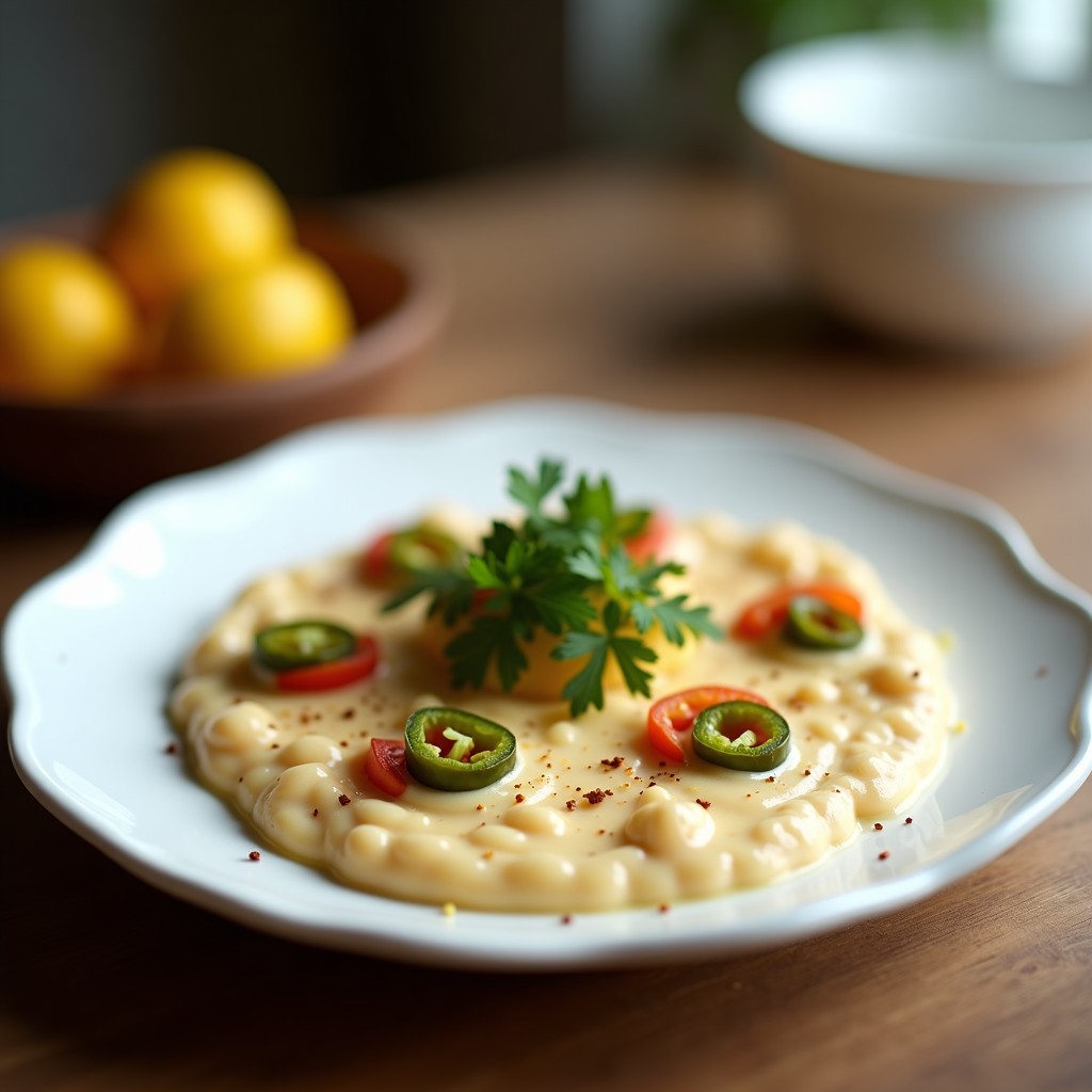 Bol de cerámica blanca con salsa cremosa de yogur griego, trozos de pimientos asados rojos y amarillos, semillas de granada brillantes y hojas de menta fresca. Fondo rústico con ingredientes dispersos: granada abierta, pimientos asados y ramita de menta.