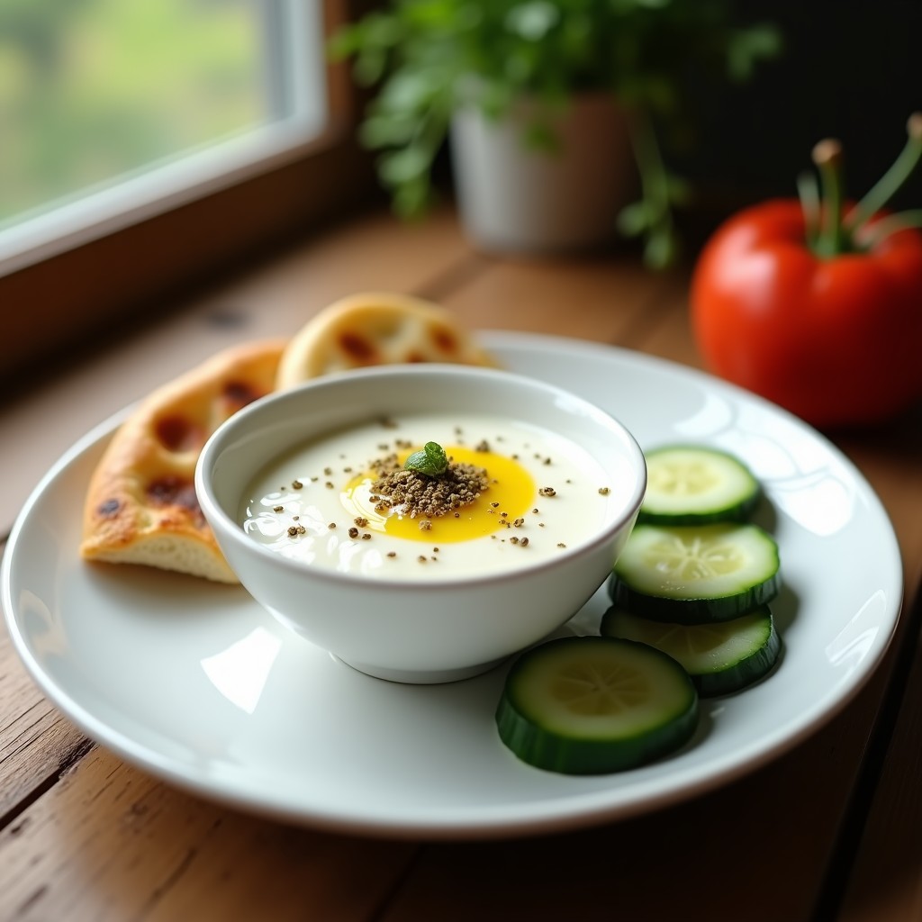 Bol pequeño de cerámica blanca con salsa de yogur griego y zaatar, espolvoreada con especias y un hilo de aceite de oliva. Acompañada de pan de pita tostado y rodajas de pepino fresco sobre fondo de madera rústica.