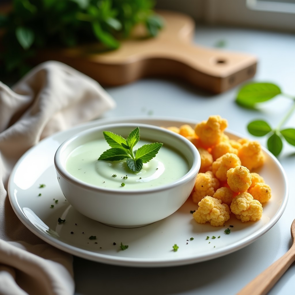 Recipiente transparente para tupper con salsa de yogur de soja y menta de color crema, decorada con semillas de sésamo y hojas de menta fresca, acompañada de crujientes de coliflor dorados y especiados. Plato fresco y apto para llevar, ideal como dip vegano.
