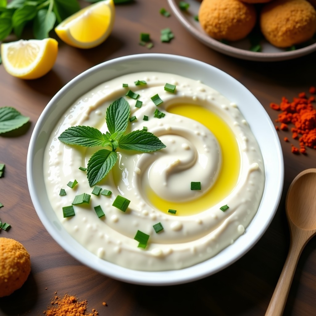 Bol pequeño de cerámica blanca con salsa de yogur de soja y menta de color crema, espolvoreada con hojas de menta fresca picada. Al fondo, falafeles dorados y crujientes sobre un plato de madera rústica, con un chorrito de aceite de oliva brillante. Receta vegana y sin lactosa en 5 minutos.
