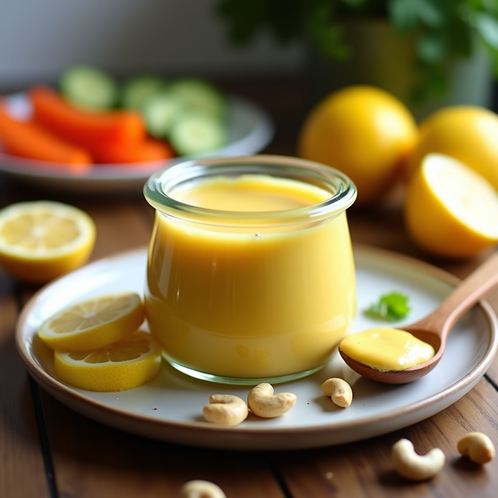 Bowl blanco con salsa yoqi de anacardos y limón, de color crema claro con vetas amarillas de cúrcuma, acompañada de palitos de zanahoria y apio para mojar, sobre fondo de madera rústica.