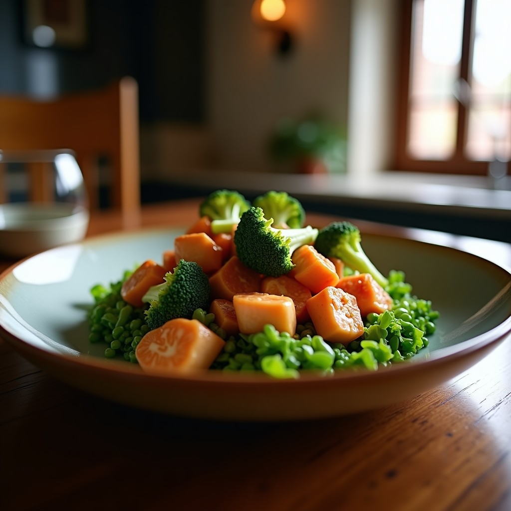 Salteado de pollo y brócoli con salsa de jengibre y soja, servido en un plato blanco con semillas de sésamo blanco