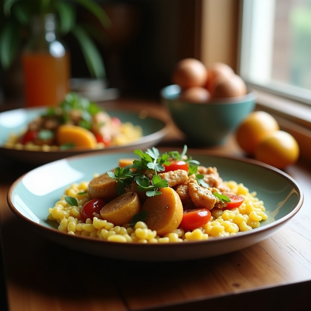 Salteado de pollo y cacahuete con verduras crujientes en un plato, lista para servir