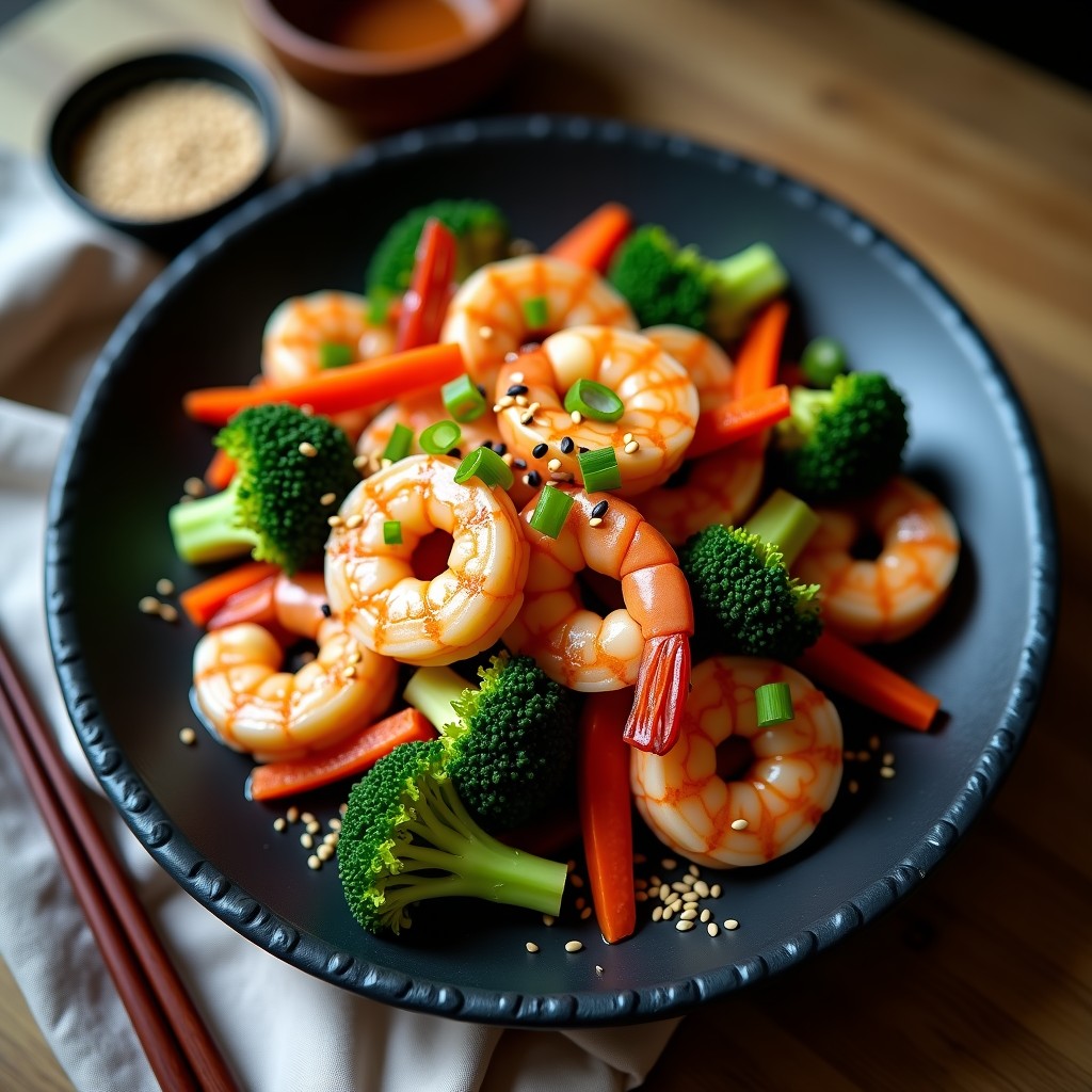Salteado Rápido de Gambones y Verduras Crujientes con Salsa de Jengibre y Soja