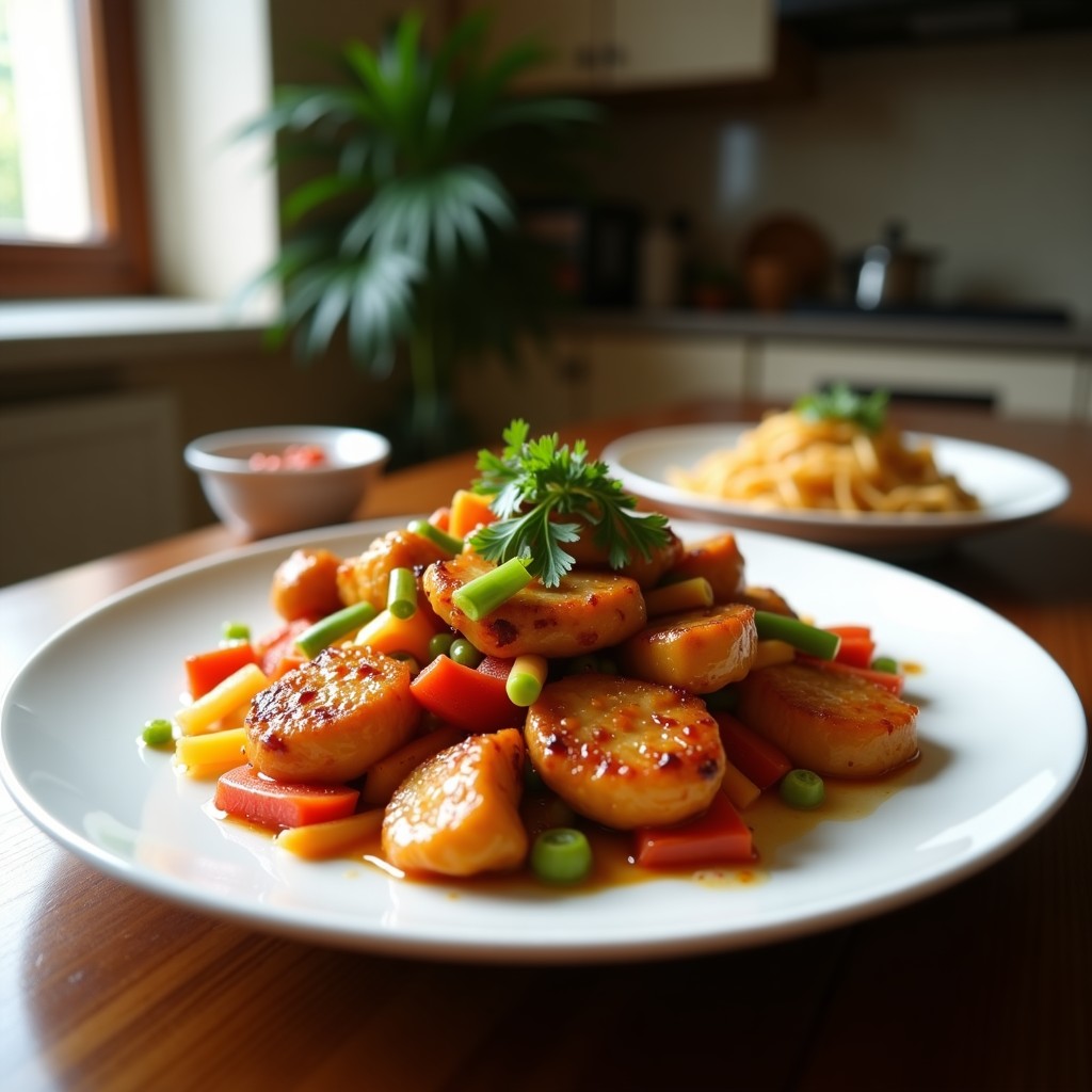 Foto de un salteado chino de pollo crujiente con anacardos y salsa hoisin, servido en un plato de cerámica. Salteado rápido de pollo crujiente con anacardos y salsa hoisin
