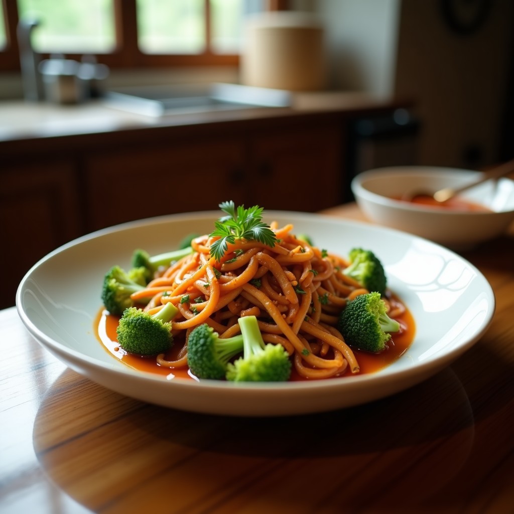 Salteado de ternera y brócoli con salsa de jengibre y sésamo en un wok, lista para servir