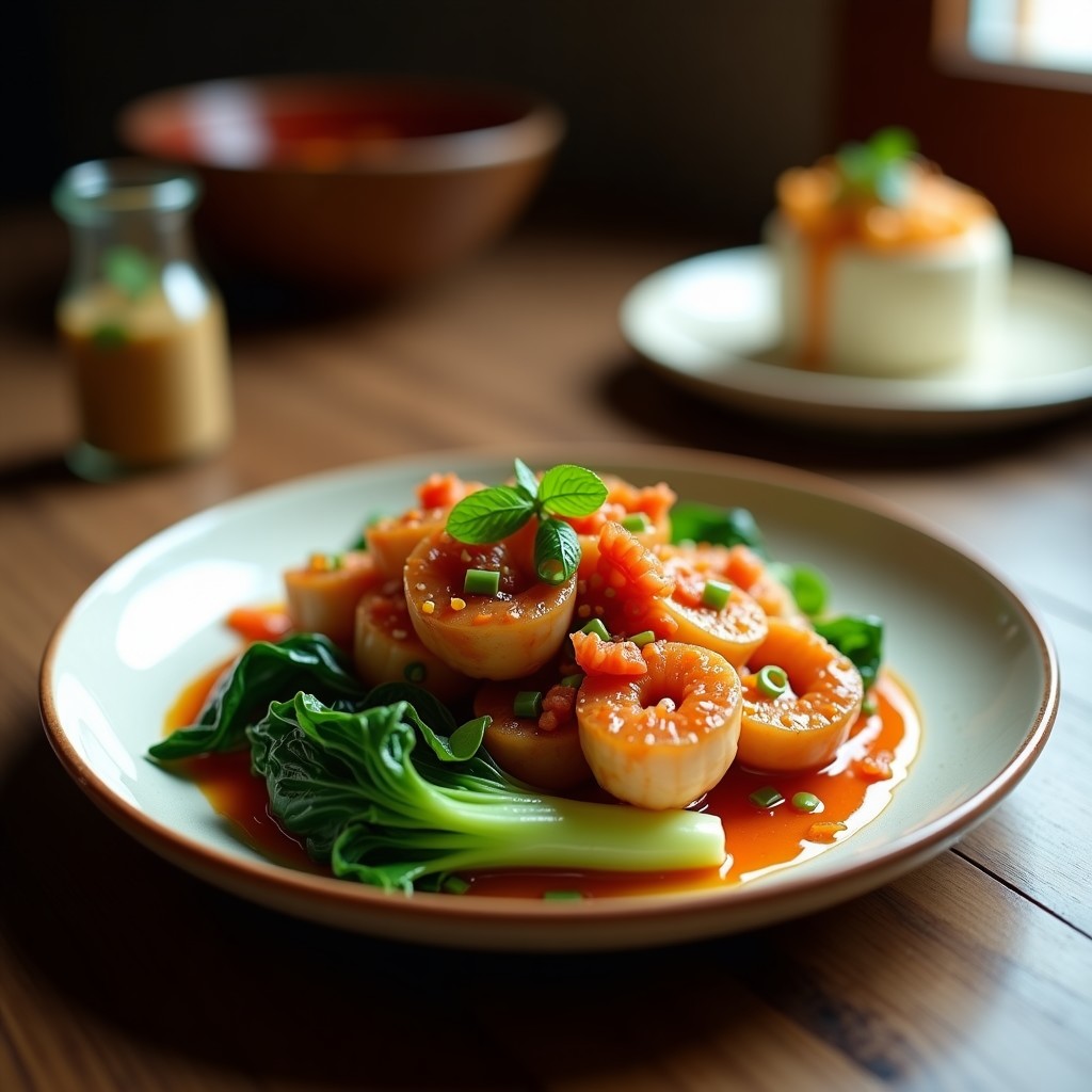 Salteado de ternera y pak choi con salsa de jengibre y sésamo, lista para servir en un plato chino