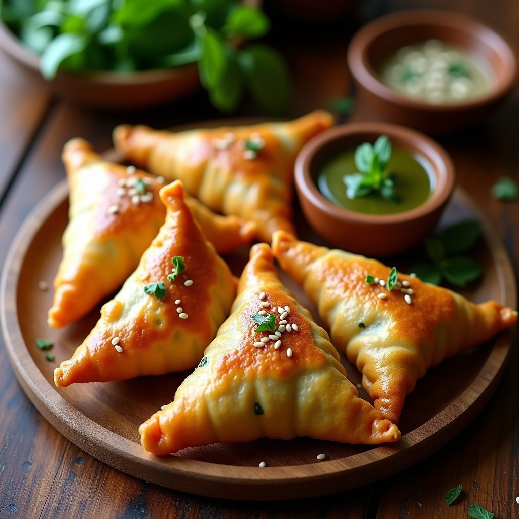 Samosas doradas y crujientes de batata morada y espinacas sobre una bandeja de madera rústica, con un cuenco de chutney verde al lado. La masa de coliflor muestra un color dorado uniforme y el relleno asoma ligeramente por los bordes sellados. Foto en ángulo cenital con luz natural.