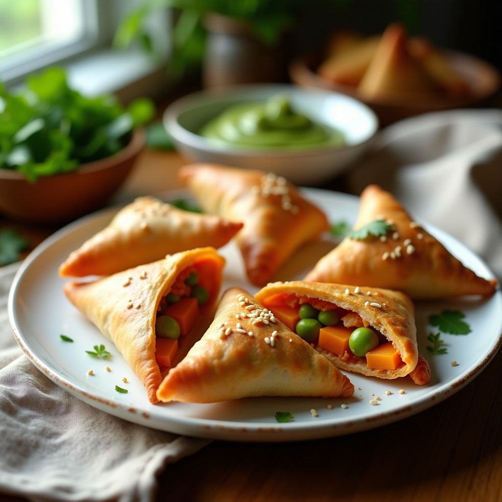 Samosas doradas y crujientes con forma de media luna, rellenas de batata y guisantes, servidas en un plato de cerámica blanca con chutney verde y semillas de sésamo espolvoreadas. Receta de samosa de batata y guisantes en airfryer.