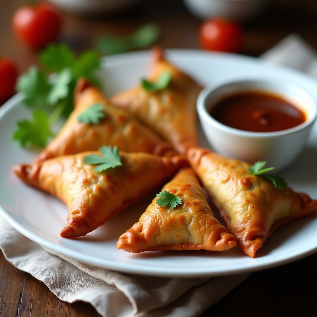 Samosas doradas y crujientes de batata morada y guisantes servidas en un plato de cerámica blanca, acompañadas de un cuenco pequeño con chutney de tamarindo oscuro. Decoradas con hojas de cilantro fresco y semillas de sésamo negro, sobre un fondo rústico de madera con especias indias al lado.
