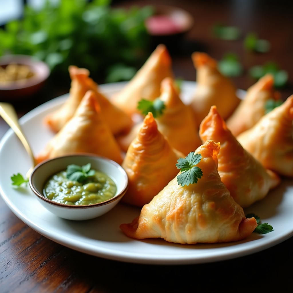 Samosas doradas y crujientes de col morada y queso paneer dispuestas en un plato de madera oscuro, con hojas de cilantro fresco y un bol pequeño de chutney verde al lado, receta india en airfryer baja en grasas.