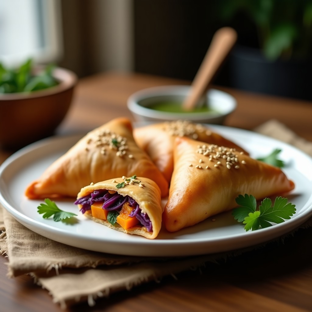 Samosas doradas y crujientes de col morada y patata dulce con masa de garbanzo, servidas en plato blanco con chutney verde, receta india vegana en olla express.