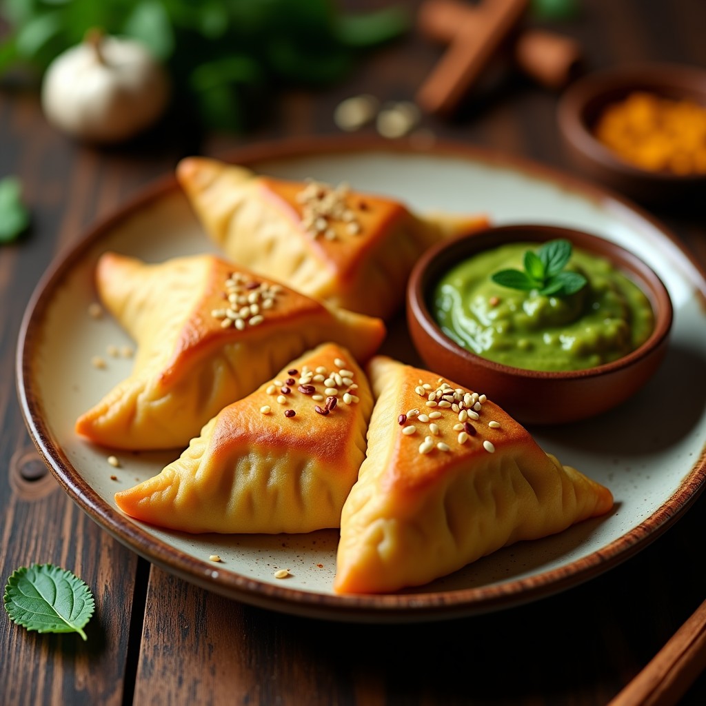Plato de samosas doradas y crujientes con relleno de coliflor y espinacas, servidas sobre un mantel rústico con hojas de cilantro fresco y semillas de sésamo. Receta india vegana en airfryer con masa de garbanzo.