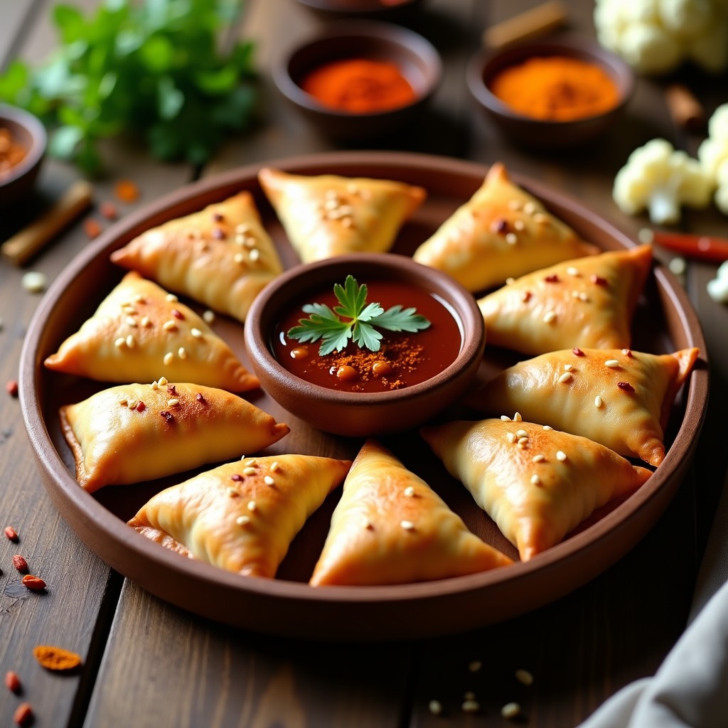 Samosas doradas y crujientes de coliflor al horno dispuestas en una bandeja de madera rústica, acompañadas de un bol pequeño con salsa de tamarindo brillante y semillas de sésamo. Plato indio vegano sin fritura, con textura perfecta y especias visibles.