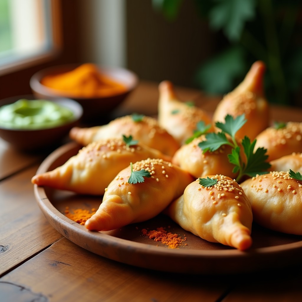 Samosas de coliflor y patata al horno, doradas y crujientes, dispuestas en una bandeja de madera con hojas de cilantro fresco y un bol de chutney al lado. Receta vegana y especiada.