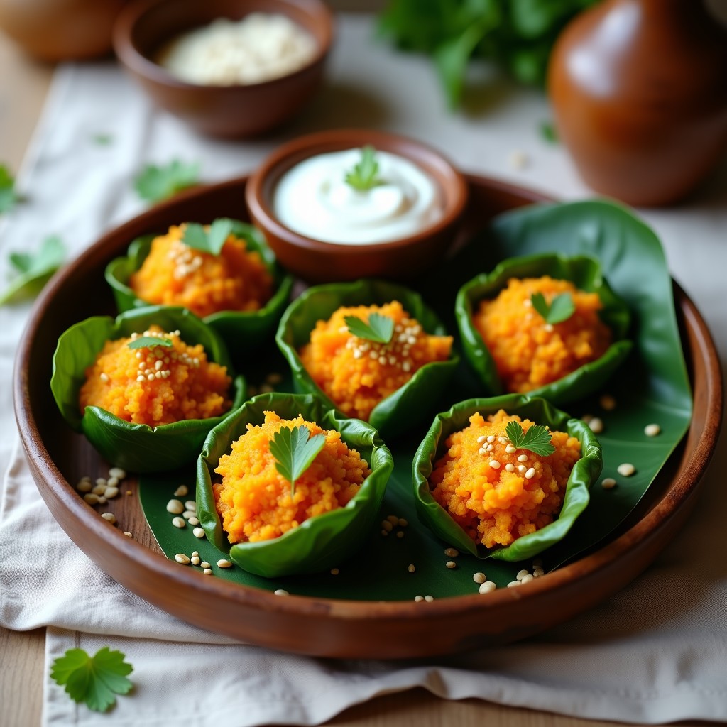 Samosa crudivegana de batata y cúrcuma sobre bandeja de madera, con hojas de col verdes enrolladas, semillas de sésamo espolvoreadas y cilantro fresco como decoración. Entrante indio sin cocción con textura cremosa y colores vibrantes.