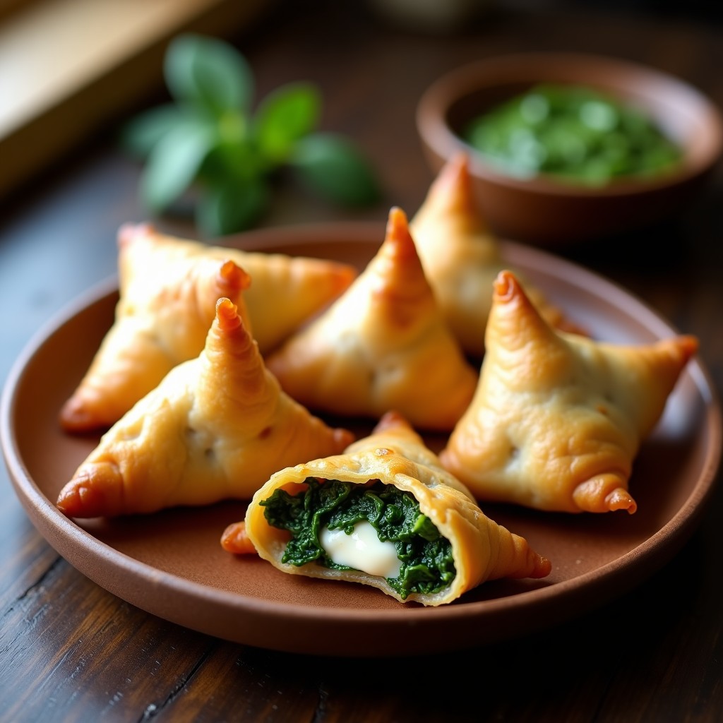 Samosas doradas y crujientes de espinacas y queso paneer con masa integral, servidas en bandeja de madera con chutney verde al lado. Receta india en airfryer lista en 25 minutos.