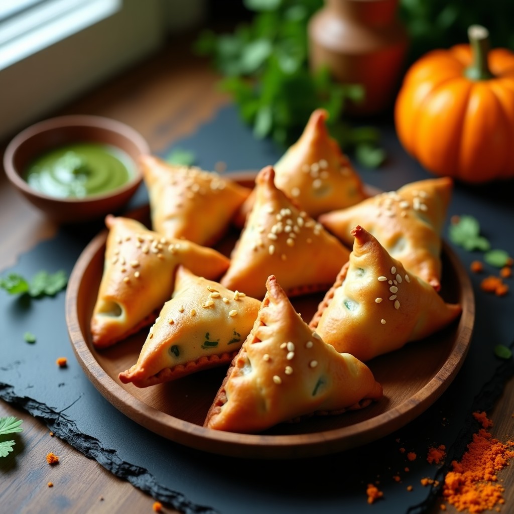 Samosas doradas y crujientes de garbanzo y calabaza al horno, dispuestas en bandeja de madera con semillas de sésamo, acompañadas de chutney verde y cilantro fresco. Plato vegano y sin fritura.