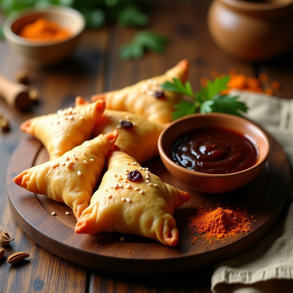 Samosas de coliflor y pasas doradas y crujientes servidas en un plato de cerámica blanca, acompañadas de un bol pequeño con salsa de tamarindo oscura. Decoradas con hojas de cilantro fresco y un fondo rústico de madera.