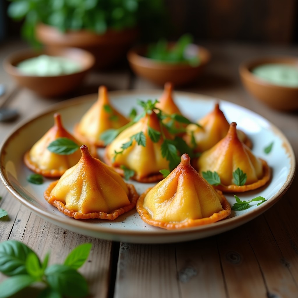 Samosas doradas y crujientes de coliflor y patata servidas en un plato de barro con salsa mint chutney verde brillante, decoradas con sésamo tostado y hojas de cilantro fresco. Receta india vegana en Airfryer.