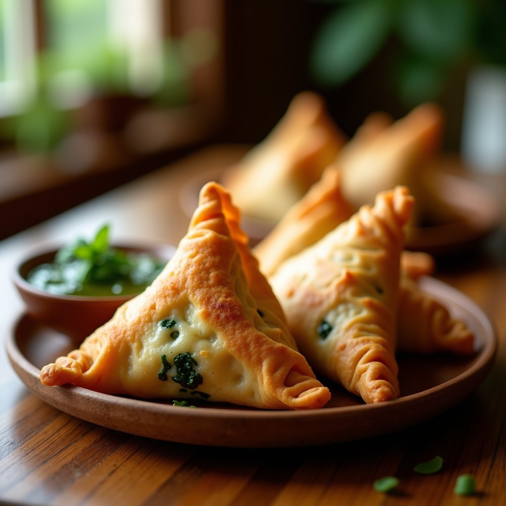 Samosas doradas y crujientes de espinacas y queso paneer con masa integral, dispuestas en una fuente de madera rústica con hojas de cilantro fresco y un bol de chutney de menta al lado. Receta india en airfryer.