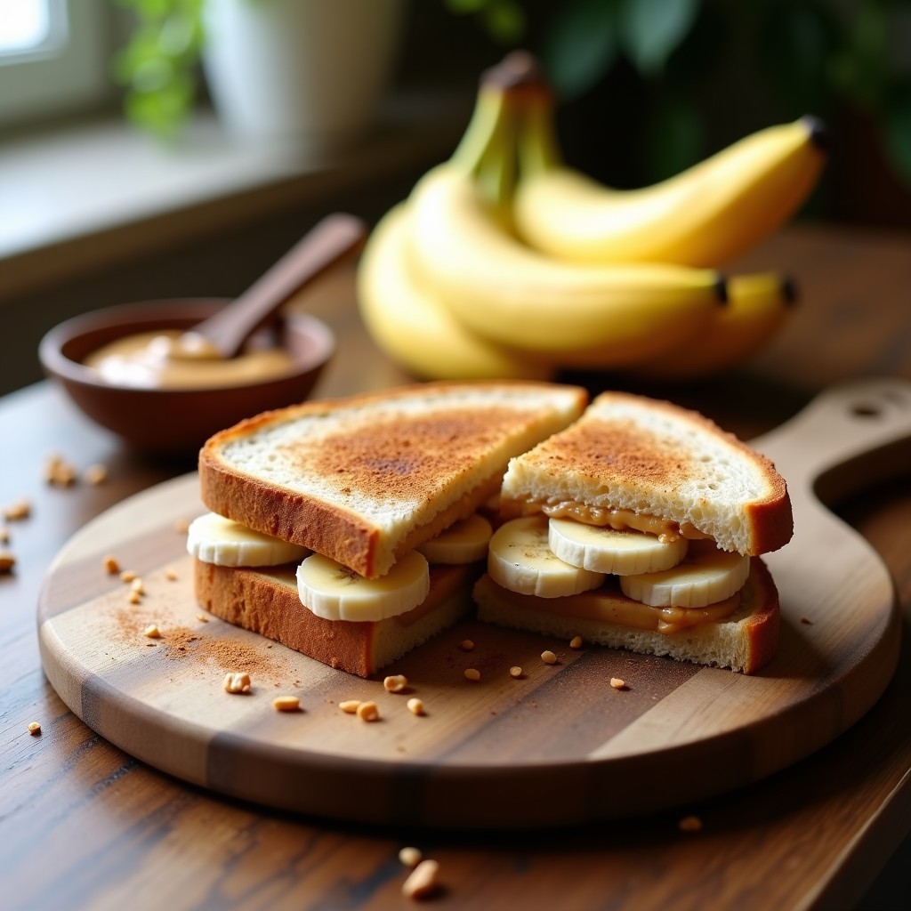 Sándwich vegano americano abierto mostrando pan integral tostado, crema de cacahuete untada, rodajas de banana madura, semillas de chía tostadas y canela espolvoreada, servido en plato blanco con cubitos de hielo picado.