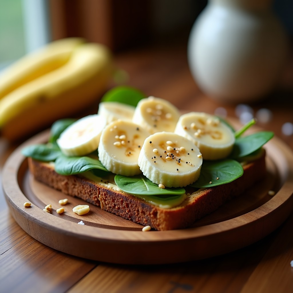 Sándwich vegano abierto con pan de centeno tostado, crema de tahini y miso, rodajas de banana madura, espinacas baby, semillas de sésamo tostadas y un toque de pimienta negra, servido sobre una tabla de madera rústica con fondo desenfocado.