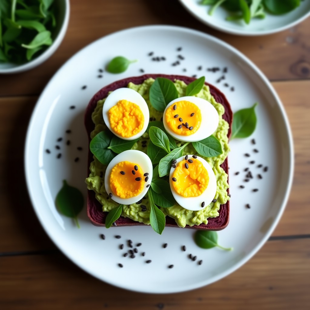 Sándwich abierto de pan de batata morada horneada, relleno de crema de aguacate verde, huevos de codorniz cortados por la mitad con yema dorada, rúcula fresca y semillas de chía espolvoreadas. Plato blanco con fondo minimalista, iluminación natural que resalta los colores vibrantes del desayuno fitness.