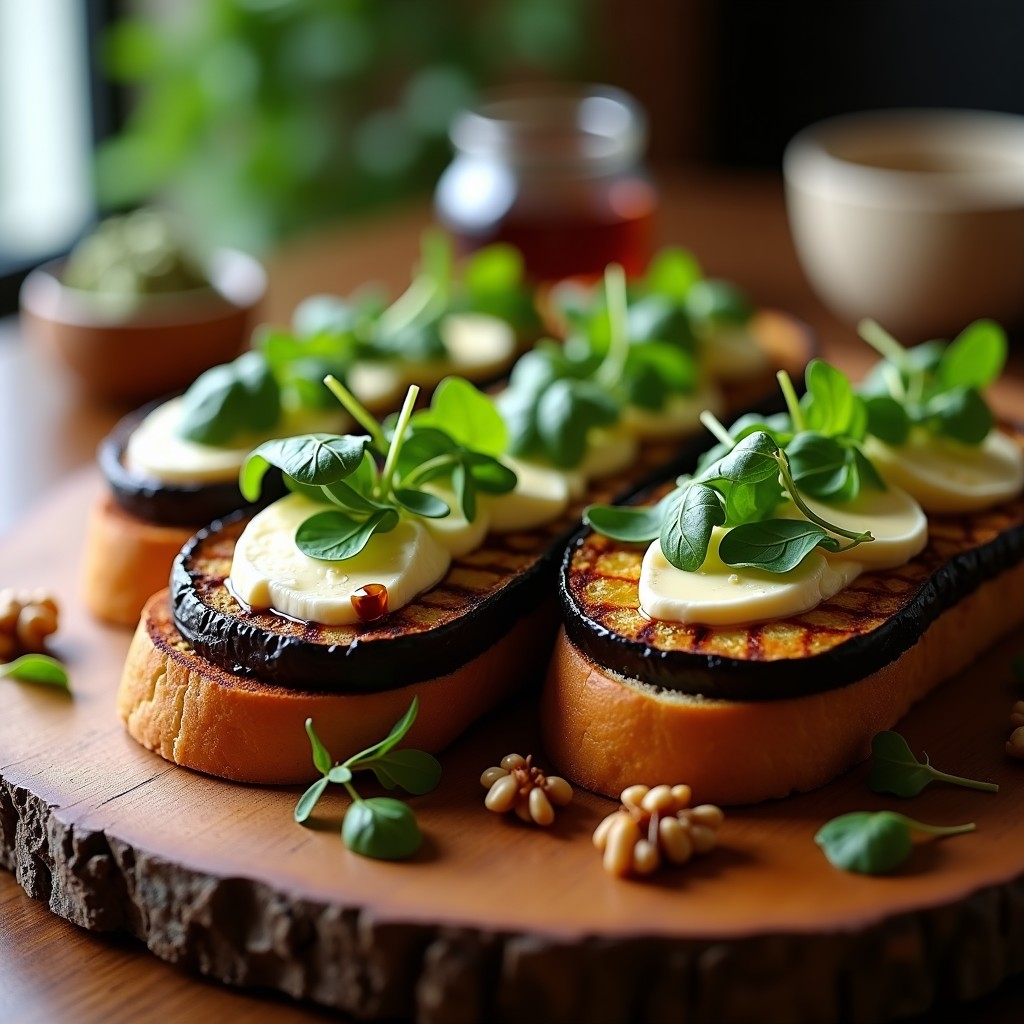 Sándwich abierto de berenjena asada en airfryer con rodajas doradas, queso de cabra cremoso mezclado con miel, hojas verdes de berro fresco y nueces picadas sobre pan de centeno tostado. Receta vegetariana en airfryer, crujiente y saludable.