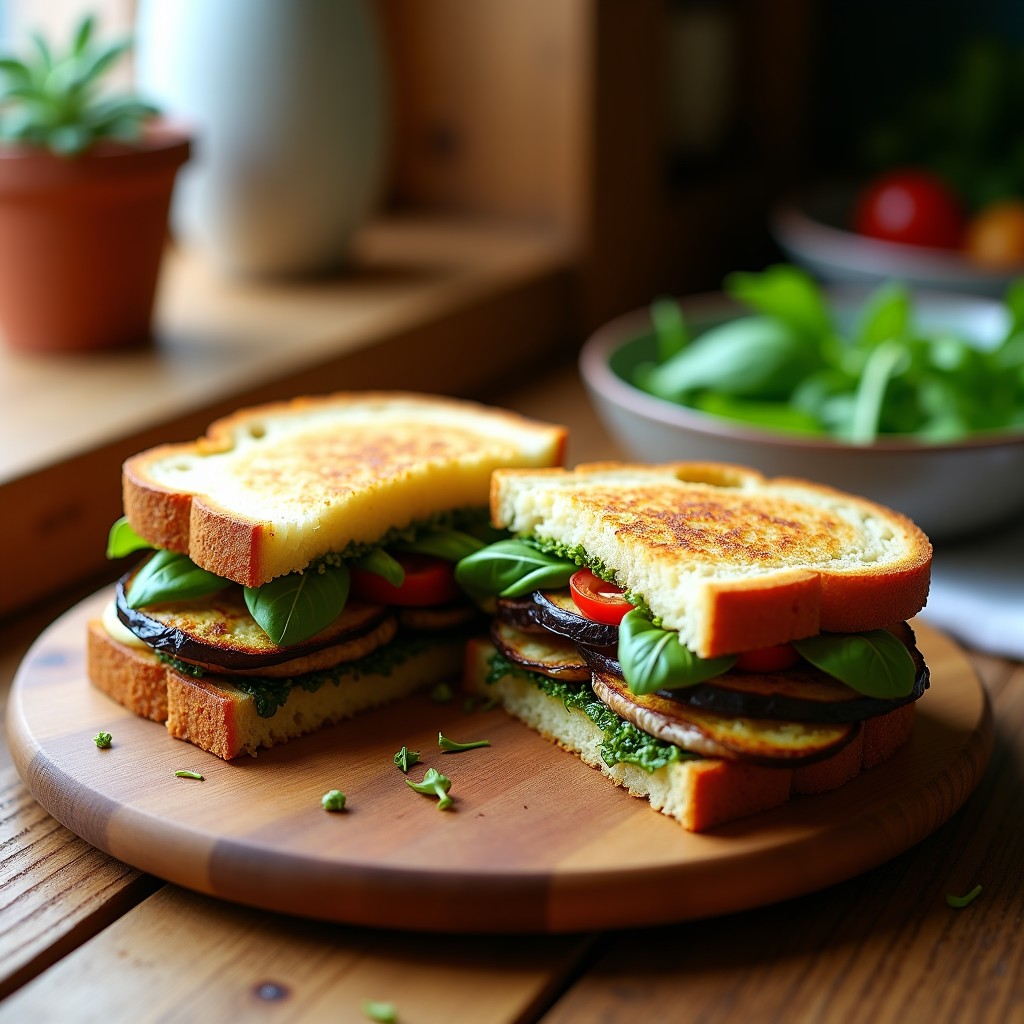 Sándwich de Berenjena Asada y Pesto de Albahaca: Receta Italiana Sin Gluten en Pan de Almendra