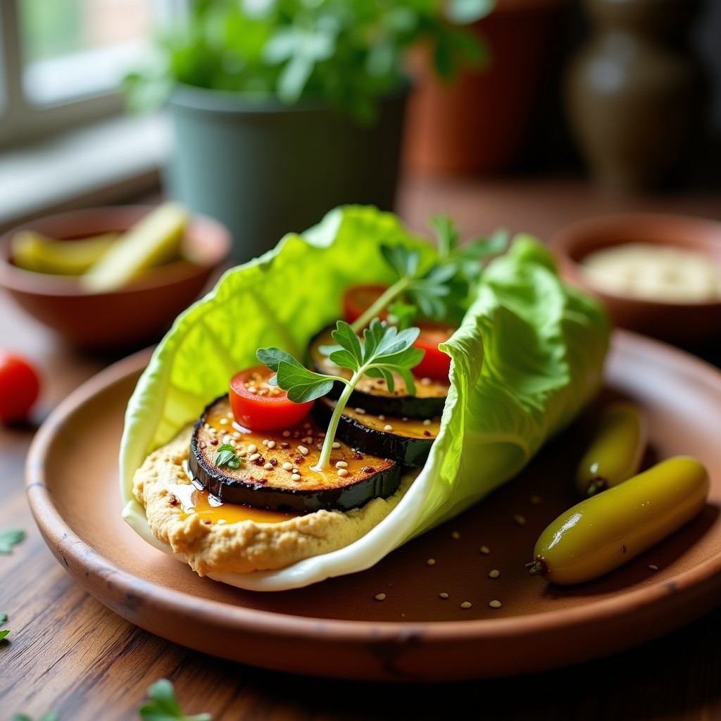 Sándwich árabe vegano sin pan con hojas de lechuga romana rellenas de hummus cremoso, rodajas de berenjena asada dorada, rúcula fresca y tomate cherry, espolvoreado con semillas de sésamo tostado sobre un plato de madera rústico.