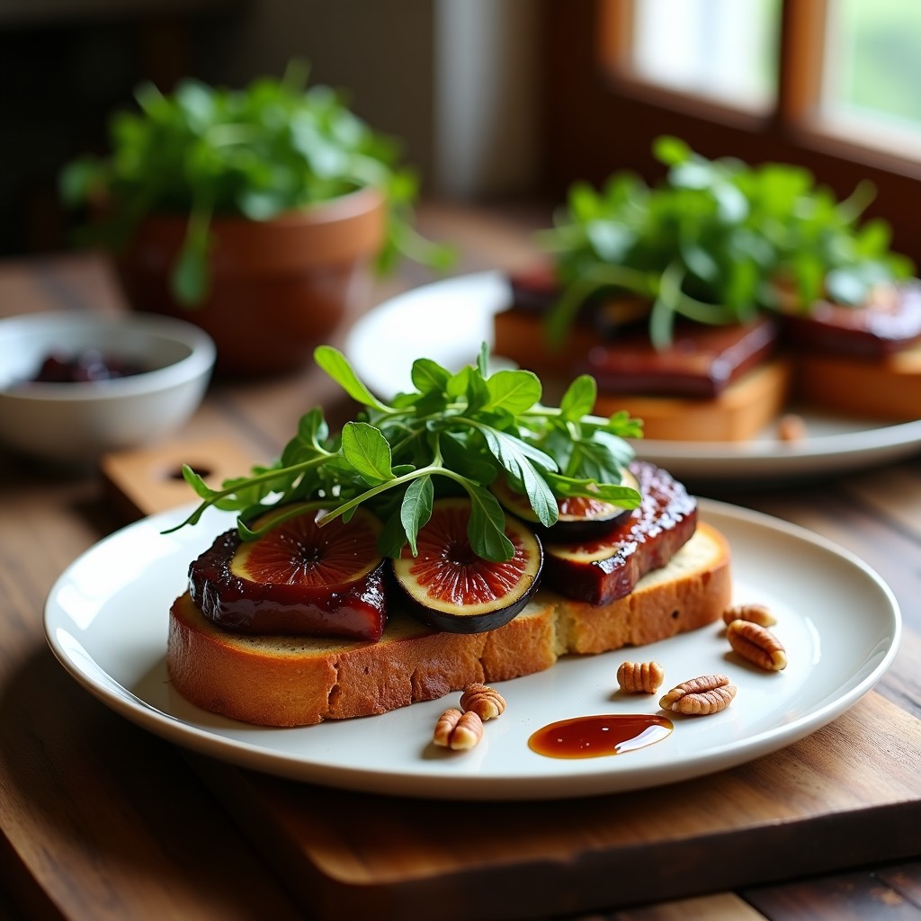 Sándwich gourmet francés de pan de centeno tostado relleno de hígado de pato confitado dorado, mermelada de higo brillante y rúcula baby, servido en tabla de madera con nueces tostadas y tomillo fresco. Receta en Airfryer.