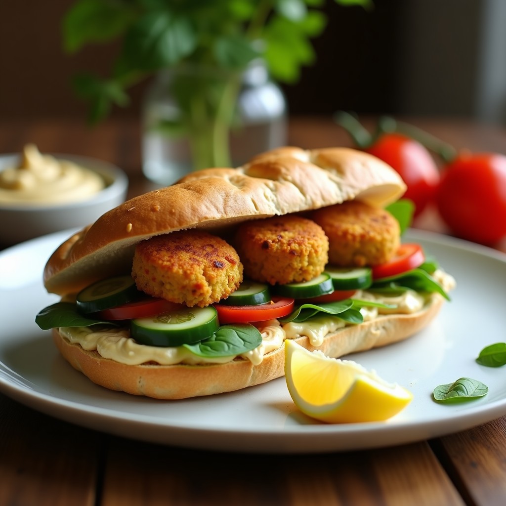 Sándwich de falafel y hummus con pan de pita integral abierto, mostrando en su interior falafel dorado, hummus cremoso, espinacas frescas, rodajas de tomate y pepino, receta vegana en Thermomix.