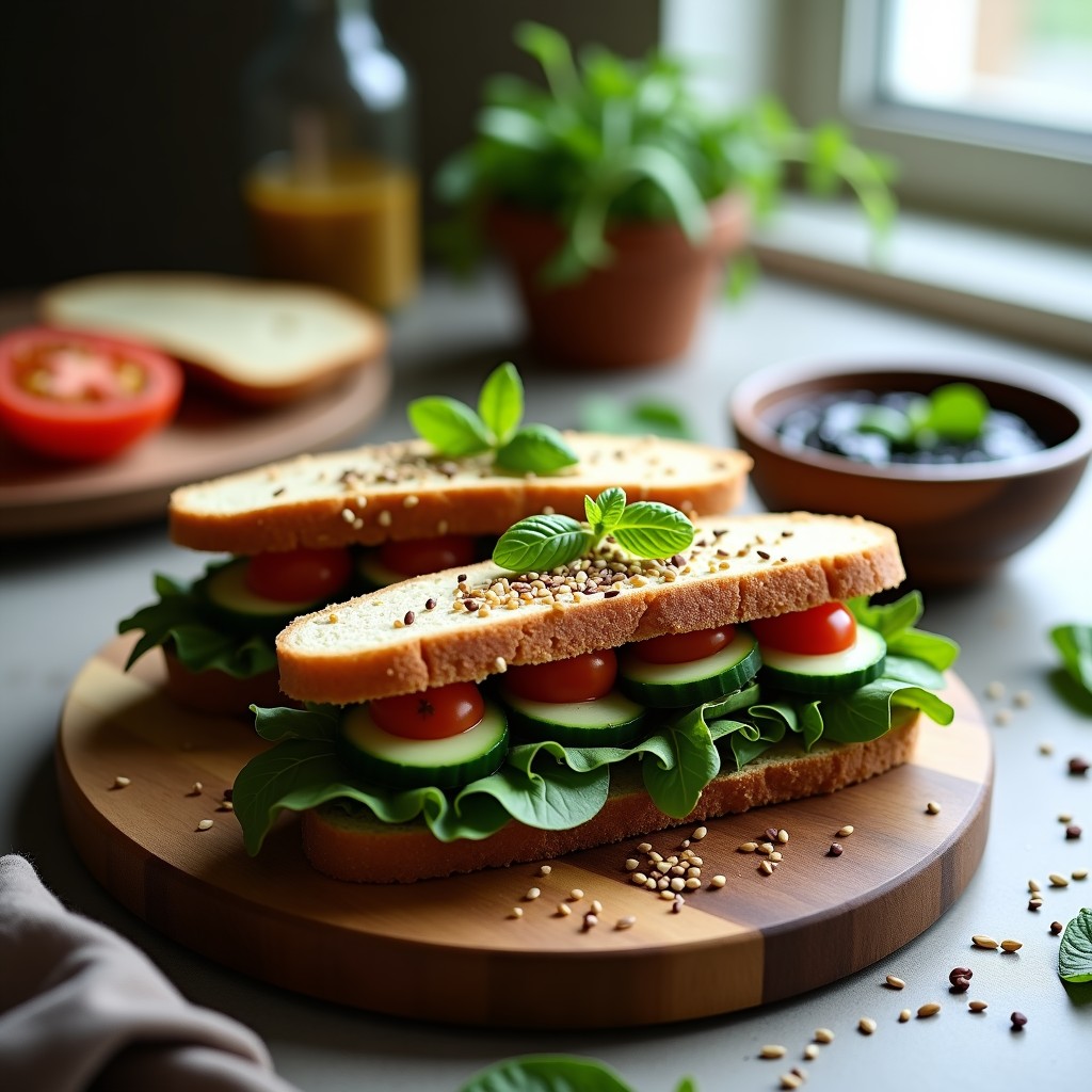 Sándwich de hummus negro y rúcula en pan de centeno sin gluten, cortado en diagonal sobre tabla de madera rústica, con capas visibles de hummus oscuro, rúcula fresca, cebolla morada y tomates secos, decorado con semillas de sésamo y garbanzos enteros.